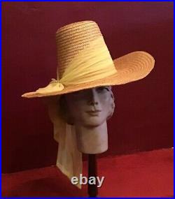 Happy Cappers Vintage 40's 50's Straw Hat High Crown Wide Brim Raffia Novelty
