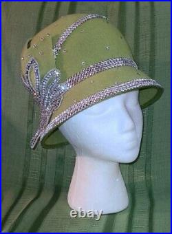 Harriet Rosebud Vintage 100% Wool Hat, Green withSequins NEW