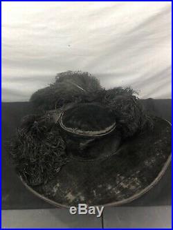Hat Antique 1900s Ladies Victorian Black Velvet Large Feather Womens Rare