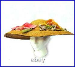 Hattie Carnegie Vintage 1950s large straw silk flowers rare summer hat lovely