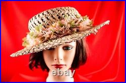 Hawaiian Beige with Multicolor Floral Vintage Women Straw Summer Hat Size 7.1/8