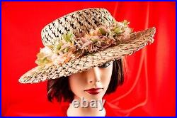 Hawaiian Beige with Multicolor Floral Vintage Women Straw Summer Hat Size 7.1/8