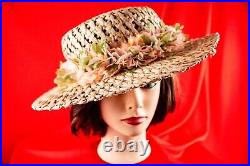 Hawaiian Beige with Multicolor Floral Vintage Women Straw Summer Hat Size 7.1/8