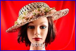 Hawaiian Beige with Multicolor Floral Vintage Women Straw Summer Hat Size 7.1/8