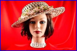 Hawaiian Beige with Multicolor Floral Vintage Women Straw Summer Hat Size 7.1/8