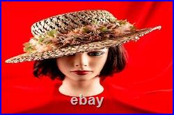 Hawaiian Beige with Multicolor Floral Vintage Women Straw Summer Hat Size 7.1/8