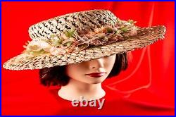 Hawaiian Beige with Multicolor Floral Vintage Women Straw Summer Hat Size 7.1/8