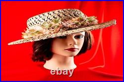 Hawaiian Beige with Multicolor Floral Vintage Women Straw Summer Hat Size 7.1/8