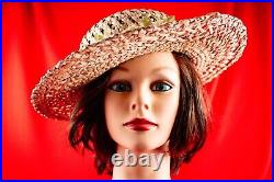 Hawaiian Beige with Multicolor Floral Vintage Women Straw Summer Hat Size 7.1/8