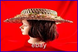 Hawaiian Beige with Multicolor Floral Vintage Women Straw Summer Hat Size 7.1/8