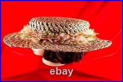 Hawaiian Beige with Multicolor Floral Vintage Women Straw Summer Hat Size 7.1/8