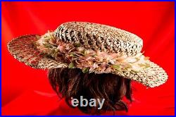 Hawaiian Beige with Multicolor Floral Vintage Women Straw Summer Hat Size 7.1/8