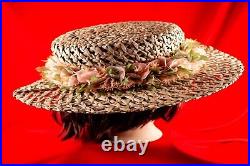 Hawaiian Beige with Multicolor Floral Vintage Women Straw Summer Hat Size 7.1/8