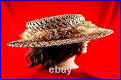 Hawaiian Beige with Multicolor Floral Vintage Women Straw Summer Hat Size 7.1/8