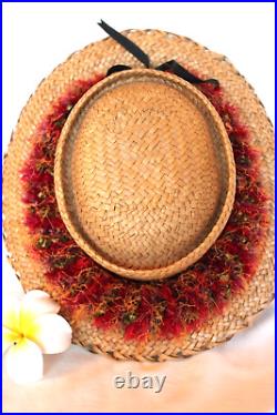Hawaiian Lauhala Hat Vintage with Red and Green Lei Hat Band