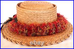 Hawaiian Lauhala Hat Vintage with Red and Green Lei Hat Band