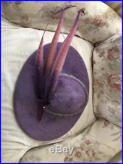 High Fashion Womens 50s Vintage Hat Wide Brim Purple W Feathers Saucer Joseph NY