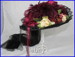 Hopeless Romantic Victorian Hat Feathers Flowers Lace Long Train Derby, Wedding