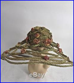 Huge 25 Vintage Green Open Fretwork Pink Flower Straw Picture Hat Bailey Tomlin
