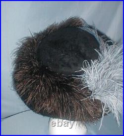 Huge Antique Hat Edwardian 1912 Black Plush with Blue Feather Trims