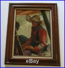 Impressionist Painting Vintage Portrait Woman Hip Female Model Straw Hat Signed