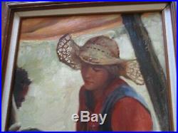 Impressionist Painting Vintage Portrait Woman Hip Female Model Straw Hat Signed