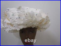 Ivory Jack McConnell Breton Hat Parasisal Straw Silk Petals Rhinestones Wedding