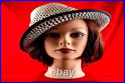 Ivory with Black Straw Vintage Women Silk Blend Summer Hat Size 7.1/8