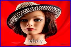 Ivory with Black Straw Vintage Women Silk Blend Summer Hat Size 7.1/8