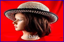 Ivory with Black Straw Vintage Women Silk Blend Summer Hat Size 7.1/8