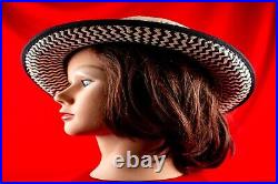 Ivory with Black Straw Vintage Women Silk Blend Summer Hat Size 7.1/8