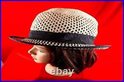 Ivory with Black Straw Vintage Women Silk Blend Summer Hat Size 7.1/8