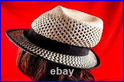 Ivory with Black Straw Vintage Women Silk Blend Summer Hat Size 7.1/8