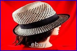 Ivory with Black Straw Vintage Women Silk Blend Summer Hat Size 7.1/8