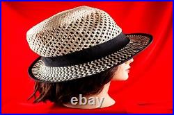 Ivory with Black Straw Vintage Women Silk Blend Summer Hat Size 7.1/8