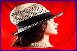 Ivory with Black Straw Vintage Women Silk Blend Summer Hat Size 7.1/8