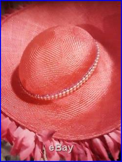 JACK McCONNELL VTG Bright Pink Straw Wide Brim Floral Leaf Diamonel Tips Hat