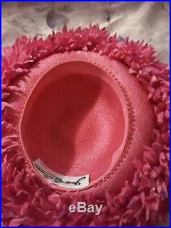 JACK McCONNELL VTG Bright Pink Straw Wide Brim Floral Leaf Diamonel Tips Hat