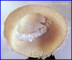 JACK McCONNELL Vtg 60's OOAK Red Feather White Straw Floral Tilt Hat