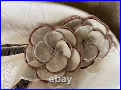 Jack McConnell Boutique Women's Hat Pheasant Feathers Velvet Flowers Cream Vntg