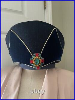Jack McConnell Fancy Rhinestone Navy Blue & Gold Hat Wedding Church Royal Derby