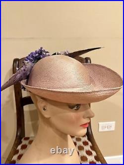 Jack McConnell Lavender Straw Hat With Flowers And Feathers