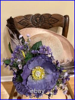 Jack McConnell Lavender Straw Hat With Flowers And Feathers