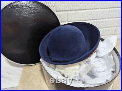 Jack McConnell New York Women's Vintage Blue Velour Feathered Bowler Hat In Box