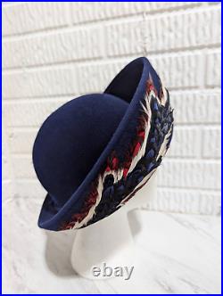 Jack McConnell New York Women's Vintage Blue Velour Feathered Bowler Hat In Box