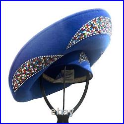 Jack McConnell Red Feather Wide Brim Blue Wool Multicolored Rhinestone Derby Hat