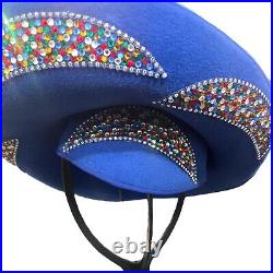 Jack McConnell Red Feather Wide Brim Blue Wool Multicolored Rhinestone Derby Hat