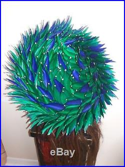 Jack McConnell VINTAGE HAT, Blue Brigh Green Feathers Rhinestones