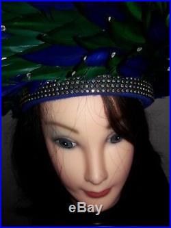 Jack McConnell VINTAGE HAT, Blue Brigh Green Feathers Rhinestones