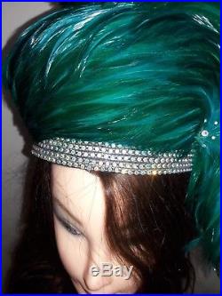 Jack McConnell VINTAGE HAT, Teal Green Feathers Rhinestones. BEAUTIFUL